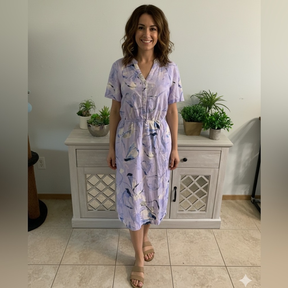 Denim&Co Size S Linen-blend Lavender Floral Midi Dress